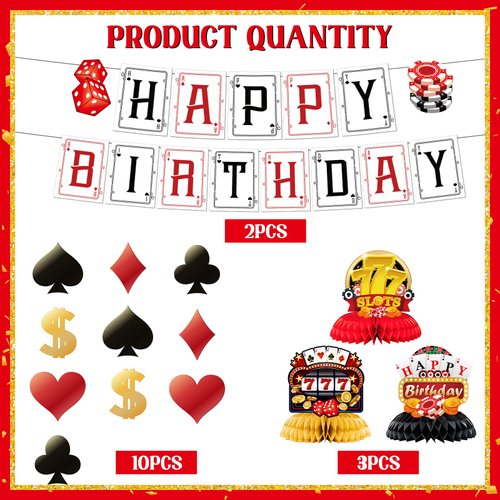 Refavor Casino Theme Party Decorations - 15PCS Casino Happy Birthday Banners Poker Birthday Party Decorations Casino Hanging Swirl Table Centerpieces Decor Supplies Casino Games Birthday Party