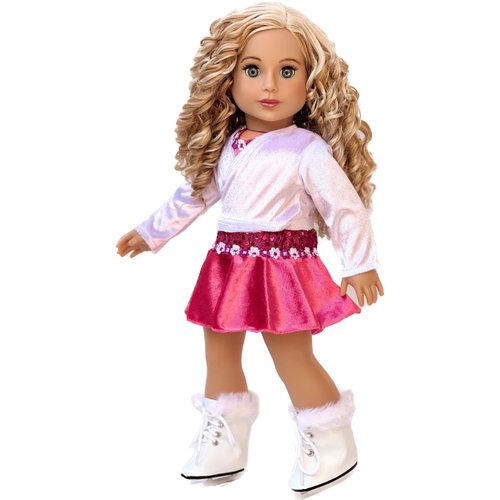 Ice Skating Girl - 4 Piece Ice Skating Outfit for 18 Inch Doll - Pink Leotard with Skirt, White Warmup Sweater and White Ice Skates - 18 Inch Doll Clothes (Doll Not Included)