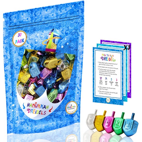 The Dreidel Company Hanukkah Metallic Multi-Colored Draydels with English Translation, Spinning Tops Includes Game Instruction Card (30-Pack)