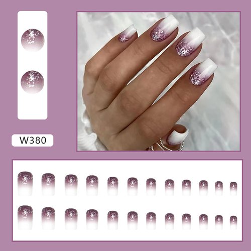White Press on Nails Medium Square 24Pcs Artificial Glossy Fake Nails with Gradient Purple Glitter Designs Full Cover Coffin False Nails Glue Stick on Nails Fingernails with Charm for Women Girls