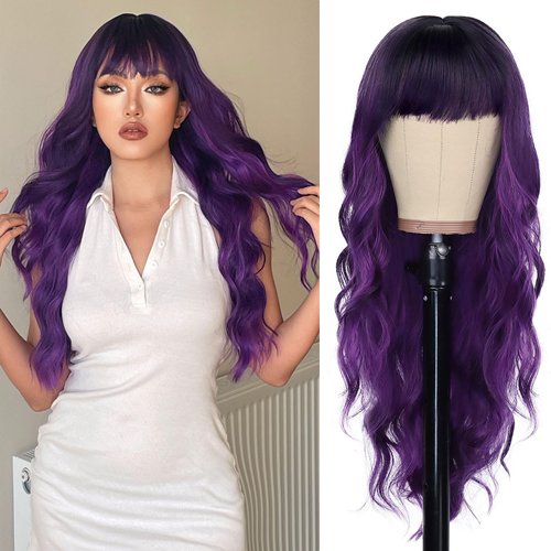 Tereshar Purple Wig With Bangs Black and Purple Wigs for Women Long Curly Wavy Wig with Dark Roots Heat Resistant Synthetic Ombre Wigs for Women Daily Party Use (26 Inches)