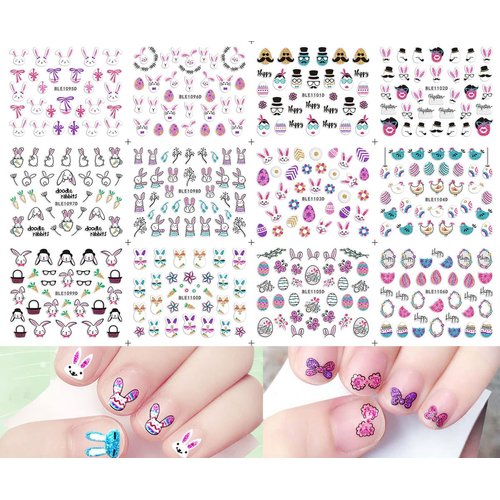 BYNYTO 12 Sheets Glitter Easter Nail Stickers for Art Bunny 3D Self-Adhesive Decals Eggs Basket Stuffers Rabbits Chick Butterfly Flowers Design Women Girls Kids DIY Decorations