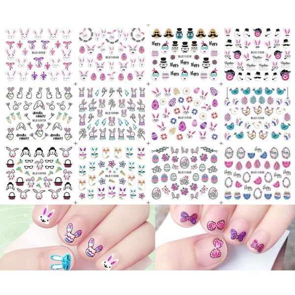 BYNYTO 12 Sheets Glitter Easter Nail Stickers for Art Bunny 3D Self-Adhesive Decals Eggs Basket Stuffers Rabbits Chick Butterfly Flowers Design Women Girls Kids DIY Decorations
