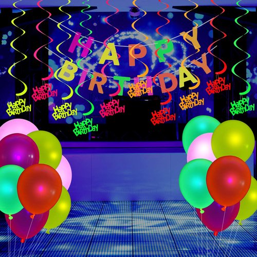 Glow Party Supplies Neon Party Supplies Set Glow in the Dark Happy Birthday Banner with UV Black Light Reactive Cake Topper Swirls Neon Fluorescent Latex Balloons Neon Stars for Birthday Glow Party