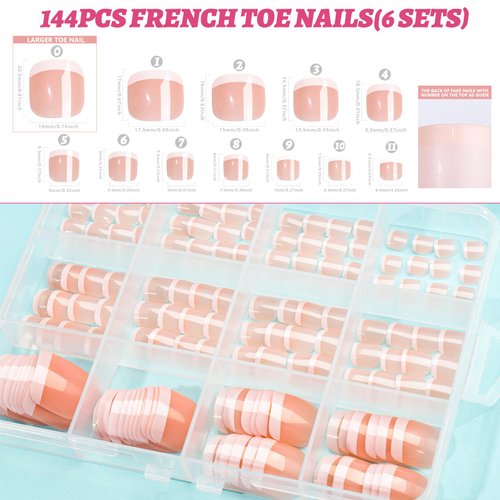 Teenitor 144pcs Press on Toenails for Women, 6 Sets French Tip Toe Press on Nails, Toe Nail Tips Fake Toenails, Fake Toe Nails Glue on Toe Nails Press on