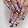 Purple Press on Nails Long Coffin Glossy Artificial Fake Nails with Gem Designs Ballerina Long Square Acrylic False Nails Glue on Nails Full Cover Stick on Nails Fingernails with Charms for Women