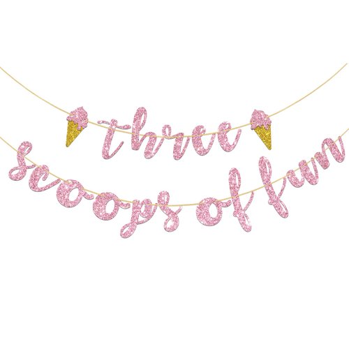 Kaakswa Three Scoops of Fun Birthday Banner, Ice Cream 3rd Birthday Decorations for Girls, Summer Ice Cream Theme Three is So Sweet Birthday Party Supplies, Pink Glitter