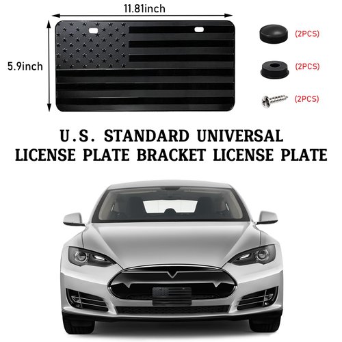 Dickno Car American Flag License Plate, 6×12'' Aluminum 3D Metal USA Flag License Plate Bracket Frame with Screw, Patriotic Auto Front Embossed Plate Decoration for Men Women (Black)