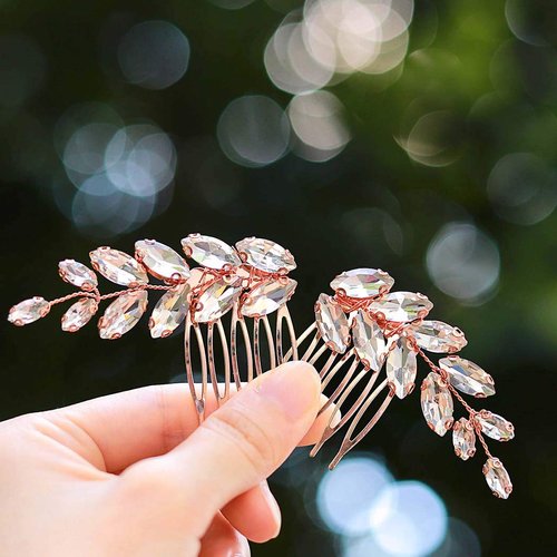 Catery Bride Wedding Hair Comb Rhinestones Braid Headpieces Bridal Hair Accessories for Women and Girls Pack of 2 (Rose Gold)