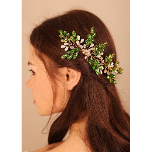 BERYUAN Green Teardrop Crystal Pearls Hair Comb with Gold, Handmade Fashion Jewelry Hair Accessory for Women, Bridal Side Combs for Wedding, Daily Life Wear, Parties, Celebrations