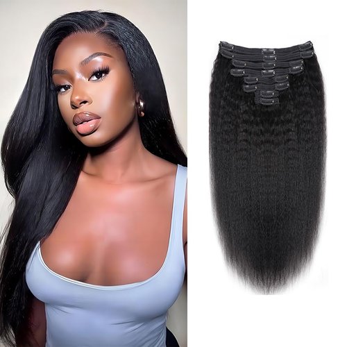 Kinky Straight Clip in Hair Extensions Human Hair Natural Black Human Hair Extensions Clip ins Brazilian Virgin Human Hair Clip in Extensions Double Weft for Women, 8Pcs with 18Clips, 120G, 18Inch
