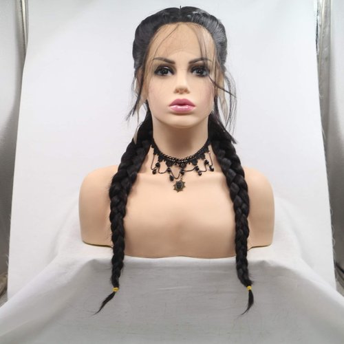xiweiya Black Double Braids Wigs Synthetic Braided Lace Front Wig with Baby Hair Wig Heat Resistant Fiber Middle Part synthetic lace front wigs Normal & Add Human Weaving Part (Normal)