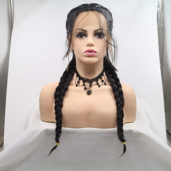 xiweiya Black Double Braids Wigs Synthetic Braided Lace Front Wig with Baby Hair Wig Heat Resistant Fiber Middle Part synthetic lace front wigs Normal & Add Human Weaving Part (Normal)