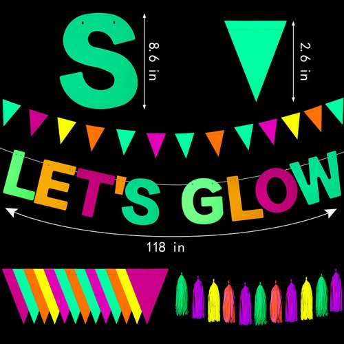 Outus Neon Party Supplies Includes Let's Glow Banner 20 Pieces Neon Paper Tassels and Neon Triangle Flag Glow in The Dark Party Supplies Bunting Party Hanging Decorations for Halloween Birthday Party