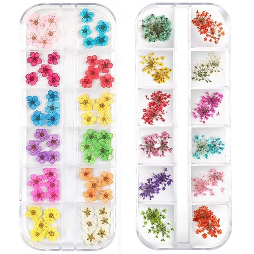 LPOne 2 Boxes 3D Nail Mini Dried Flowers Sticker Nail Art Resin Craft DIY,Real Natural Dried Flowers, Five Petal Flower Leaf Gypsophila Dry Flower Nail Art Decoration Kits., box 5.12 x 1.97 inches