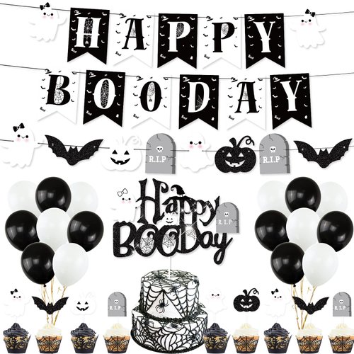 Halloween Birthday Party Decorations, White Black Halloween Happy Boo Day Banner Bat Ghost Cake Topper Balloons for Halloween Spooky Themed Birthday Party Supplies Happy Boo Day Halloween Decorations