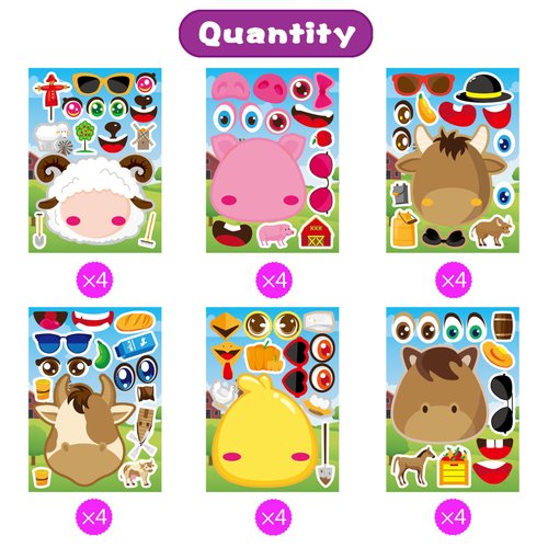 24 PCS Make-a-face Sticker Sheets Make Your Own Farm Animal Mix and Match Sticker Sheets with Sheep, Pigs, Cow and Chickens Kids Party Favor Supplies Craft