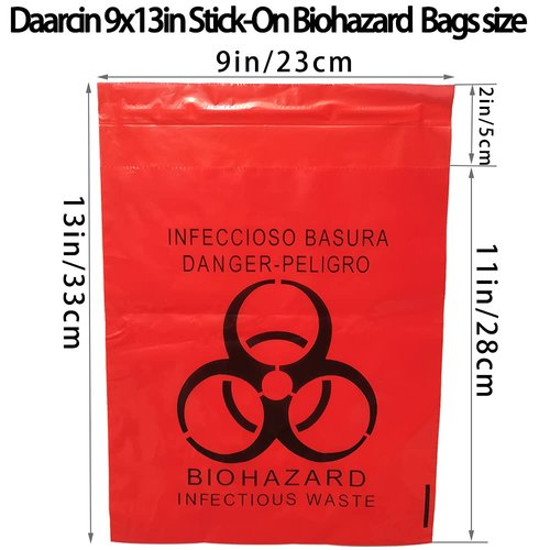Seadasyoon 100pcs 9x13in/23x33cm Stick-On Biohazard Infectious Red Waste Bags