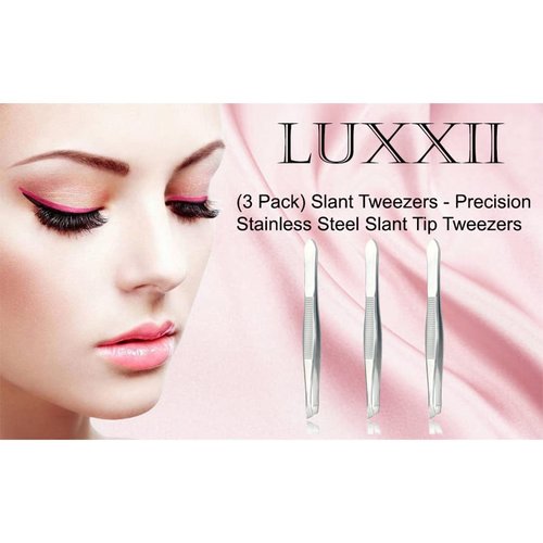 LUXXII (3 Pack) Slant Tweezers - Precision Stainless Steel Slant Tip Tweezers Hair Plucker for Hair and Eyebrows Personal Care (Silver Tone)