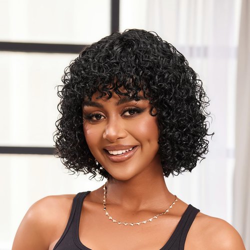SwaaVee 10 Inch Short Curly Wig with Bangs Water Wave Short Curly Bob Wigs Full Machine Made 100% Human Hair 180 Density Curly Wigs for Black Women
