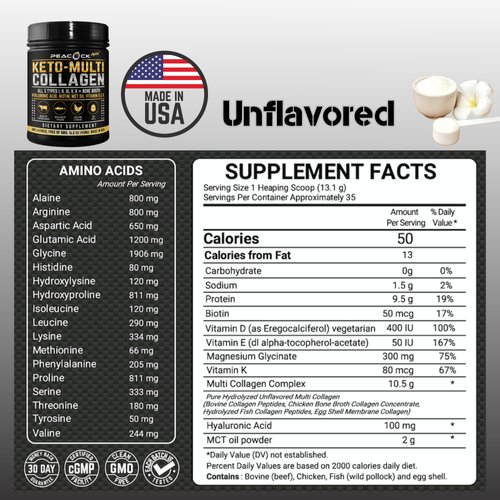 Peacock Max Hydrolyzed Multi Collagen Peptides Unflavored Protein Powder (1 Pack, Keto Coconut MCT)