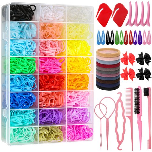 2068pcs Elastic Hair Bands Kit, 2000 pcs Mini Hair Rubber Bands with Organizer Box, Soft Small Girl Hair Ties, Colorful Baby Rubber Bands Set with Hair Tail Tools, Hair Ties, Hair Clips