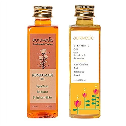 Auravedic Kumkumadi Saffron & Vitamin C Oil | Hydrating Face Moisturizer | Helps Reduce Fine Lines & Nourishes Dry, Dull Skin | Natural Facial Massage Oil | 3.38 Fl Oz/100ml (Pack of 2)