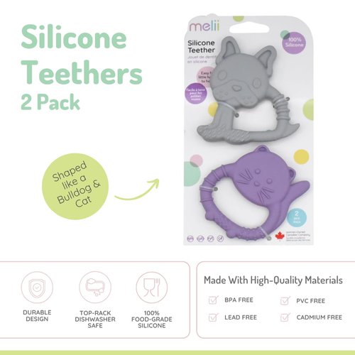 melii Baby Teethers, 100% Food Grade Silicone, Multiple Soft Textures to Soothe Baby's Gums, Teething Toy, BPA Free, Bulldog & Cat