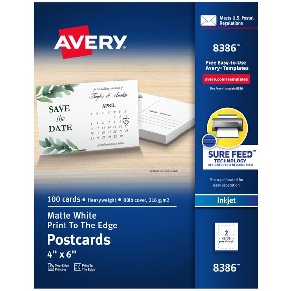 Avery Printable Postcards with Sure Feed Technology, 4" x 6", Matte White, 100 Blank Postcards for Inkjet Printers (8386)