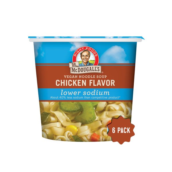 Dr. McDougall's Vegan Chicken Soup - Chicken Noodle Soup - Organic Ramen Noodle Cups - Lower Sodium Vegan Soup with Instant Noodles - 1.4 Ounces - Pack of 6