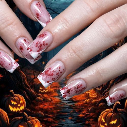 24 Pcs Halloween Press on Nails Medium Length French Tip Fake Nails Square Shape Full Cover Nude Acrylic Nails with Blood Horror Bloody False Nails Stick on Nails for Women Girls Nail Designs Supplies