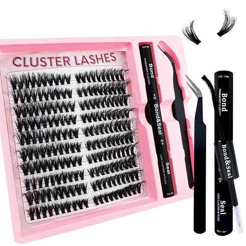 Fluffy Lash Clusters Kit 200pcs DIY Lash Extension Kit, Wispy Lash Clusters Kit Natural 8-16mm Thick Volume Eyelashes Extension Kit with Lash Bond and Seal and Lash Tweezers.(200P-4K-Kit)