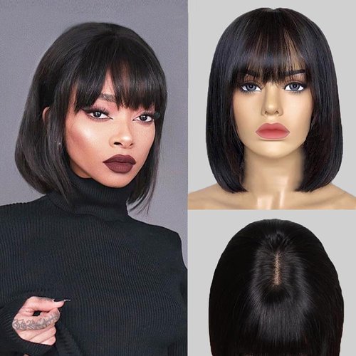 Jiumido Bob Wig With Bangs Human Hair 180% Density Glueless Short Bob Wigs For Women Upgraded Machine Made Middle Part 3x1 Lace Wig (10inch, Bob With Bangs)