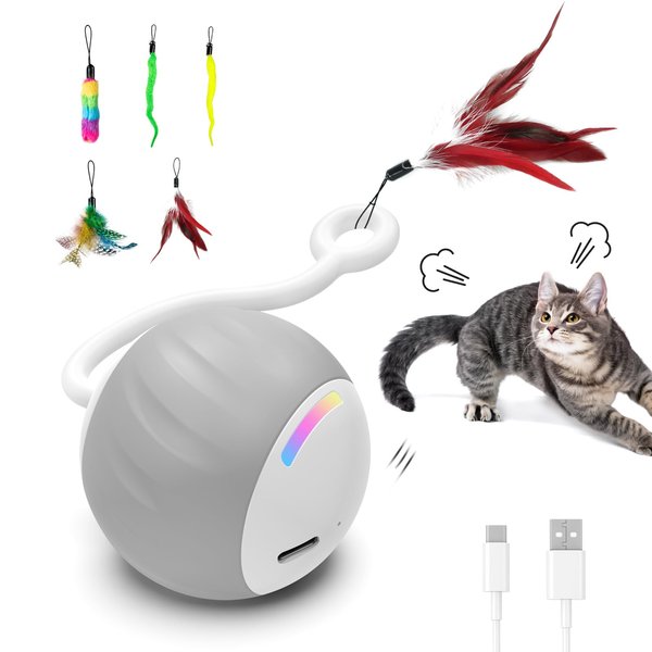 Cat Toys, Turbo Tail Popper Cat Toy 2-Speed Interactive Turbo Tail Mouse Cat Ball Toy Touch Control and Sound Control Smart Start Cat Toy With LED Lights Feathers and USB Type-C Charging Cable