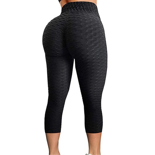 FITTOO Women's Textured Booty Scrunch Capri Leggings Ruched Yoga Pants Butt Lifting Workout Tights Black L