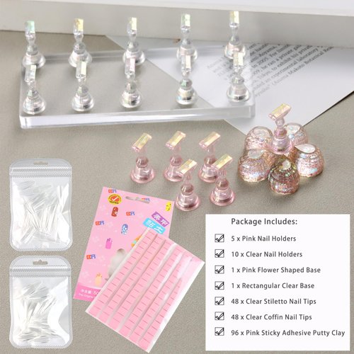 FSpronail Nail Stand for Press Ons Nail Display with 96 Pcs Reusable Sticky Putty Practice Art Magnetic Fake Nail Holder 96pcs Stiletto Square Full Cover Nail Tips for Home DIY Beginner Salon kit