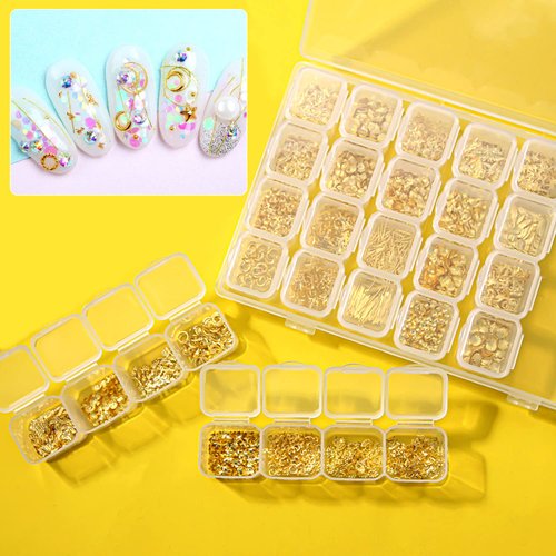 28 Grids Gold Metal Nail Art Studs, 3D Metal Nail Charms,Mix Geometry Nail Art Glitter Flakes Decorations Set, Rivet Jewelry Accessories for Women Girls Manicure Supplies DIY Nail Crafts Sequins