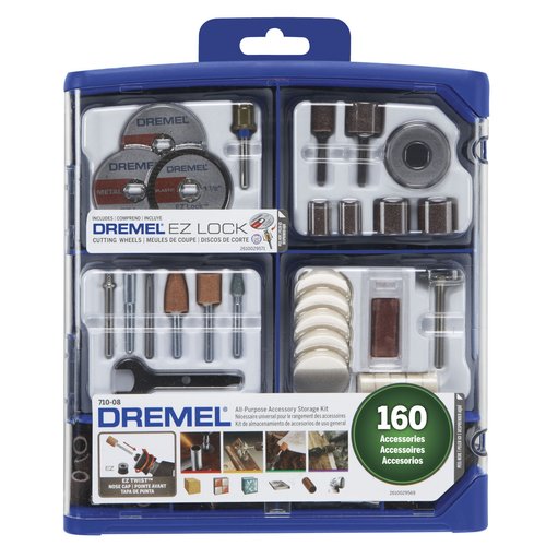 Dremel Rotary Tool Accessory Kit- 710-08- 160- EZ Lock Technology- 1/8 inch Shank- Cutting Bits, Polishing Wheel And Compound, Sanding Disc And Drum, Carving, Sharpening, And Engraving