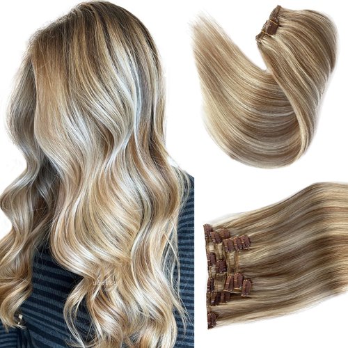 Remy Human Hair Clip in Extensions, Ash Brown Mixed Platinum Blonde Clip in Hair Extensions Real Human Hair,16 Inch 70G 7 Pcs Double Weft Hair Extensions Real Human Hair Clip ins for Women