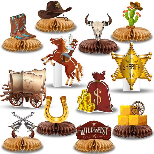 Chrisfall 12 Pcs Western Cowboy Party Decorations Wild West Honeycomb Centerpieces Wild West Cowboy Party Tables Decorations Western Theme Party Decorations for Cowboy Birthday Baby Shower Supplies