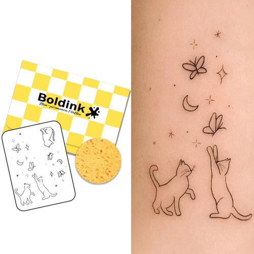 Boldink Semi-permanent tattoos, realistic fake tattoos, last 7-15 days, waterproof non-reflective temporary tattoo stickers, cruelty-free, uniquely designed exquisite packaging（Cat and Butterfly）