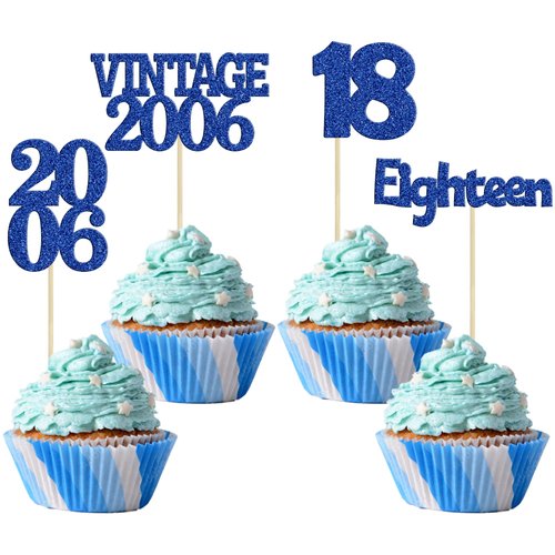 Gyufise 24Pcs 18th Birthday Cupcake Toppers Glitter Eighteen Vintage 2006 Adultish 18 Cupcake Picks Birthday Cake Decorations for Happy 18th Birthday Anniversary Party Supplies Deep Blue