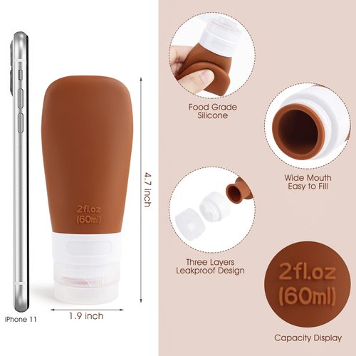 INSFIT Travel Bottles for Toiletries, TSA Approved 2oz Travel Size Bottles Leak Proof Travel Containers for Toiletries, BPA Free Refillable Travel Accessories for Shampoo Body Wash Liquids Brown