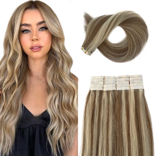 Tape in Hair Extensions Human Hair Blonde Highlights Remy Tape in Extensions 14 Inch Seamless Tape Extensions Real Human Hair Ash Brown Mixed Platinum Blonde Tape ins Hair 50g 20pcs