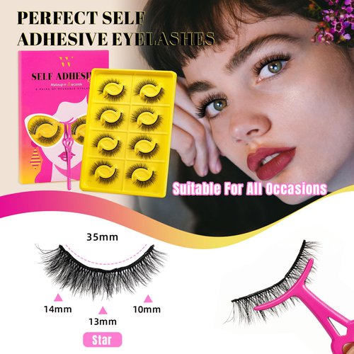 Self Adhesive Eyelashes Lash Clusters 8 Pairs Reusable Adhesive Eyelashes,No Glue Needed,No Sticky Residue Lashes with Tweezers for Diy Lashes Extension at Home by WLFRHD(Star,D-Mix10-14mm Kit)