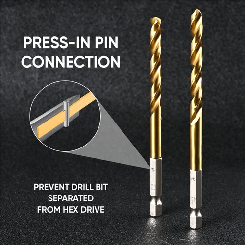 amoolo 1/8 Hex Shank Drill Bits, 10Pcs Titanium HSS Twist Impact Drill Bit Set for Metal, Steel, Wood, Plastic, Quick Change Design