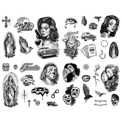 Los Vatos Chicano Vol. I - Cholo and Chola Temporary Tattoos For Men Women, Payasa, Lowrider, Virgin Mary, Prayer, Cross, Chicana, Gangster, Fake Tattoo, Día de Muertos, Tatuajes Temporales