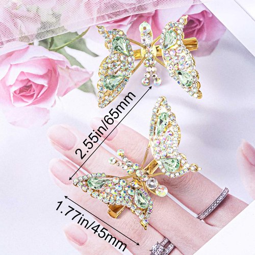HINZIC 2pcs Rhinestone Butterfly Hair Clip Bling Crystal Metal Hair Accessories Diamond Headdress for Women Wedding Bride Party Prom(Green, Gold)
