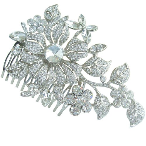 Sindary Wedding Jewelry 4.72" Bridal Orchid Flower Hair Comb Rhinestone Crystal HZ4712 (Silver-Tone Clear)