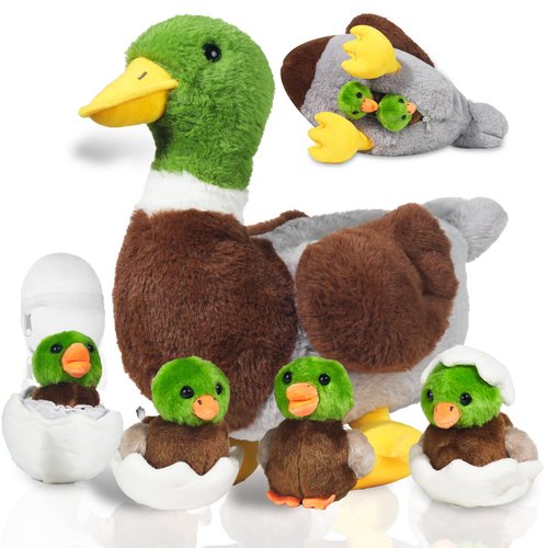 7 Pcs Duck Stuffed Animals Plush Toy, Mommy Stuffed Mallard Duck Plush with 4 Baby Stuffed Ducklings and Eggs in Zippered Belly, Duck Plushie Gifts for Girls Boys Birthday Surprise Farm Party Decors